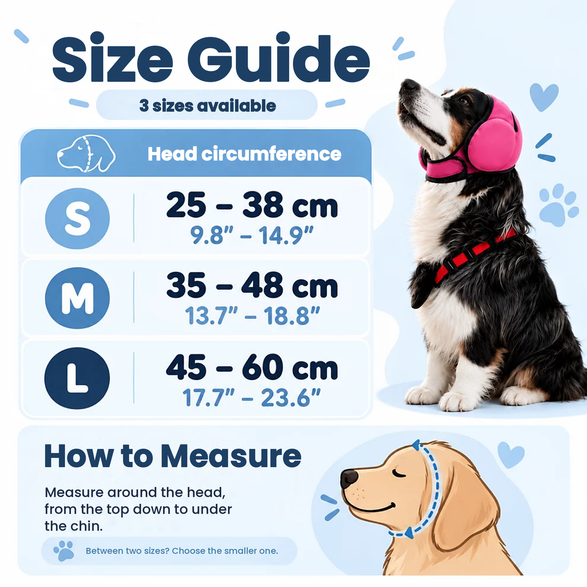 Hushpaw size guide: S 25-38 cm, M 35-48 cm, L 45-60 cm head circumference
