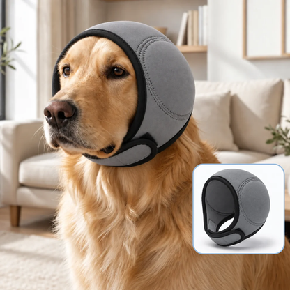 Golden retriever wearing Hushpaw calming ear muffs at home