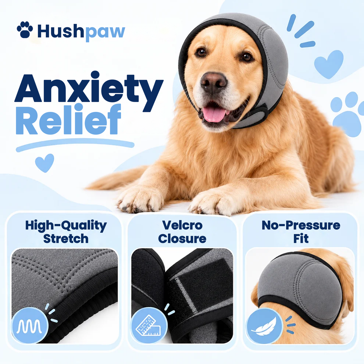 Hushpaw anxiety relief ear muffs: high-quality stretch, Velcro closure, no-pressure fit