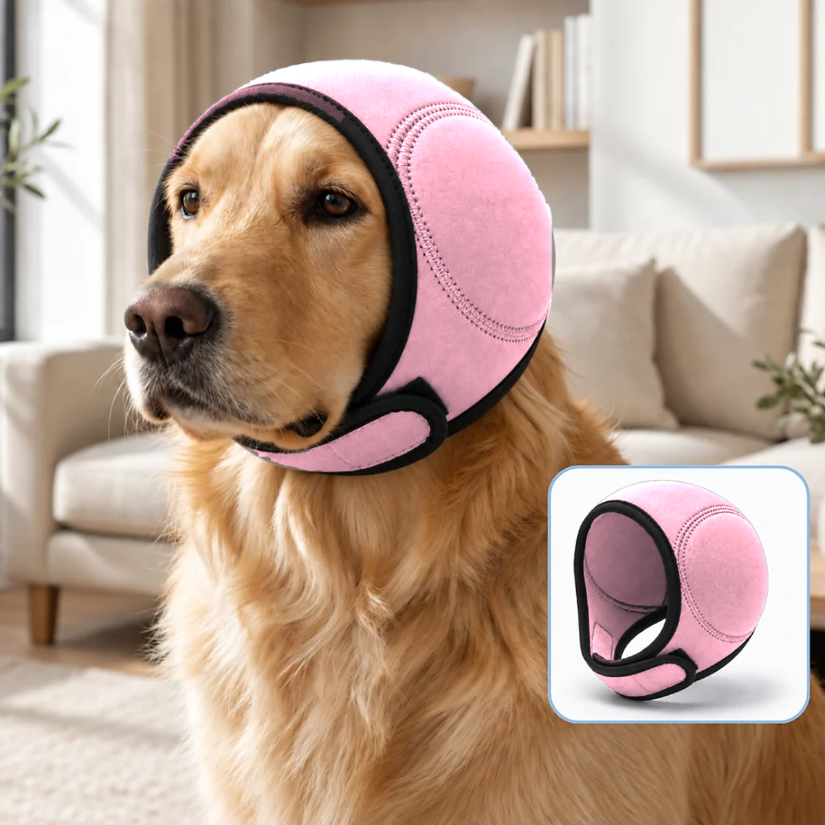 Hushpaw calming ear muffs in Blush Pink on a golden retriever