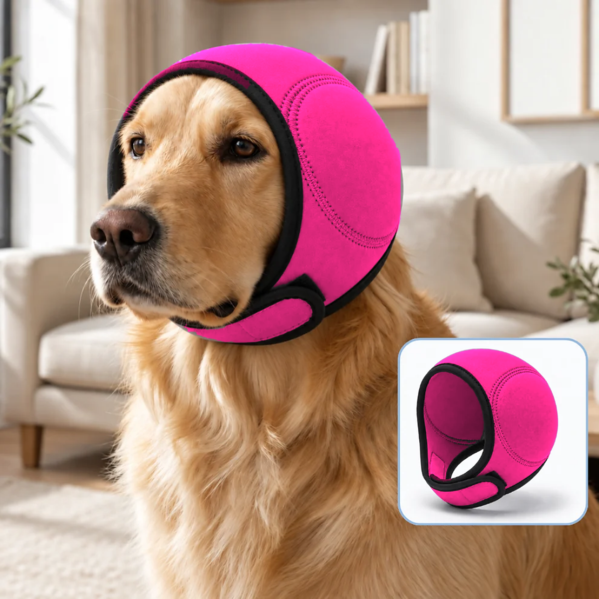 Hushpaw calming ear muffs in Hot Pink on a golden retriever