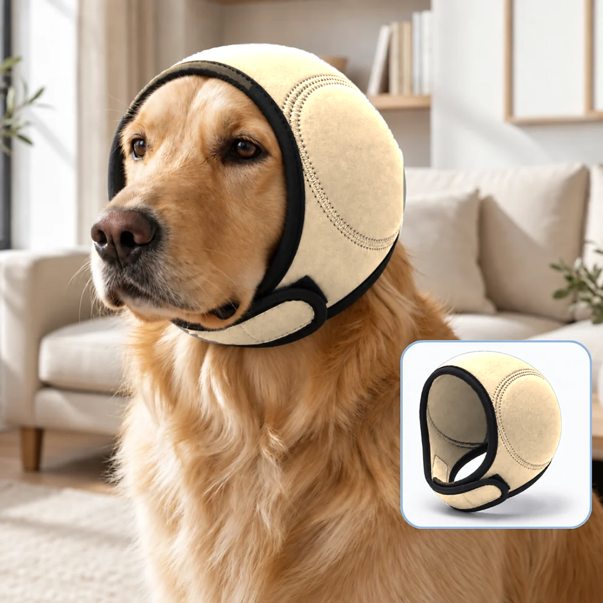 Hushpaw calming ear muffs in Sand Beige on a golden retriever