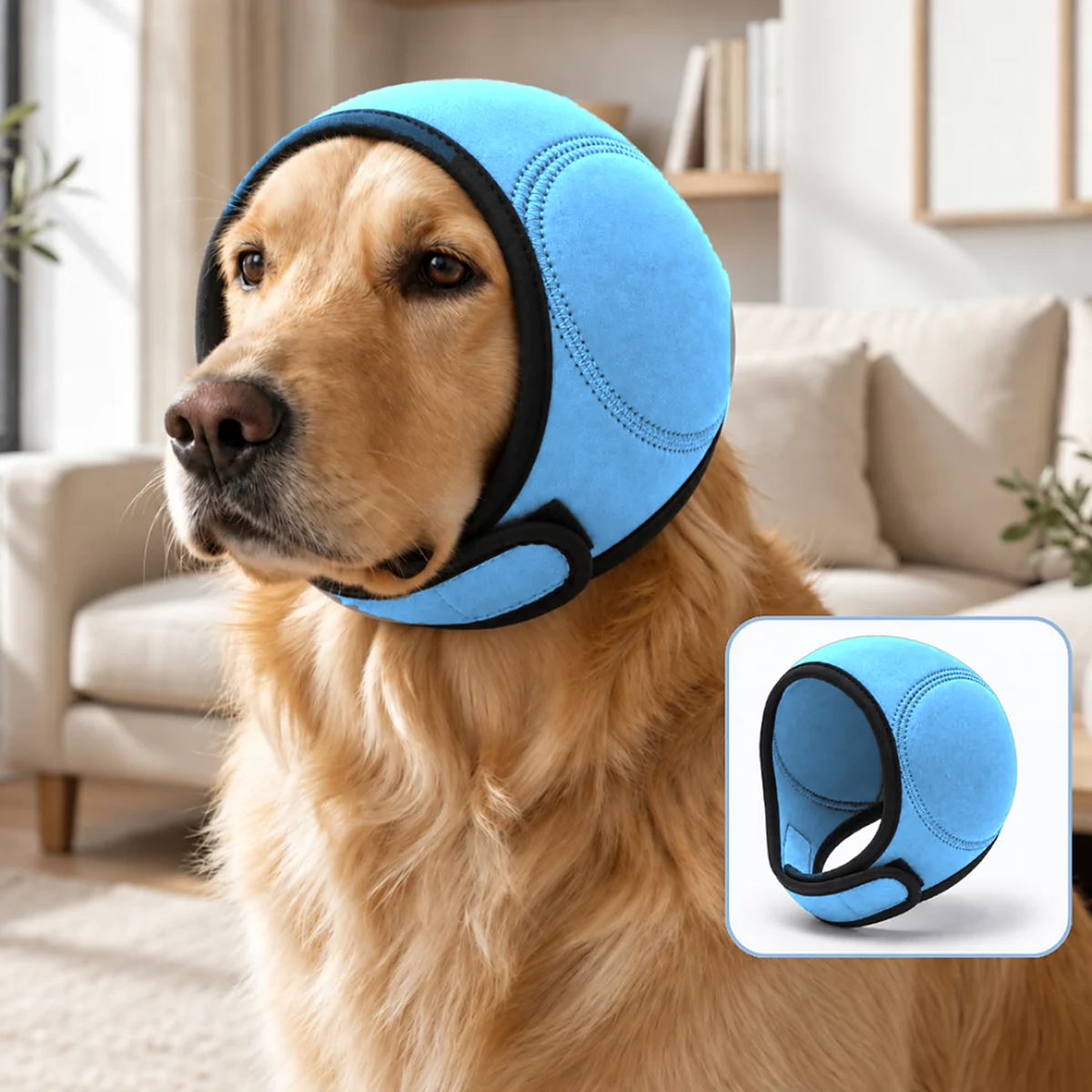 Hushpaw calming ear muffs in Sky Blue on a golden retriever