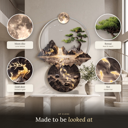 Close-up details of the Moonlit Koi Falls lamp: lunar moon disc, 3D bonsai, gold deer and golden koi